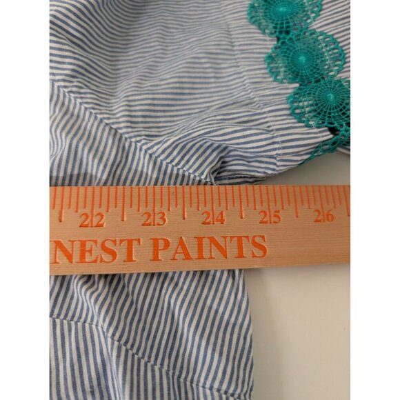 Talbots Stripe Shirt Womens Size 2X Blue 3/4 Sleeves Boho Lace Ruffle Cotton - Picture 14 of 15